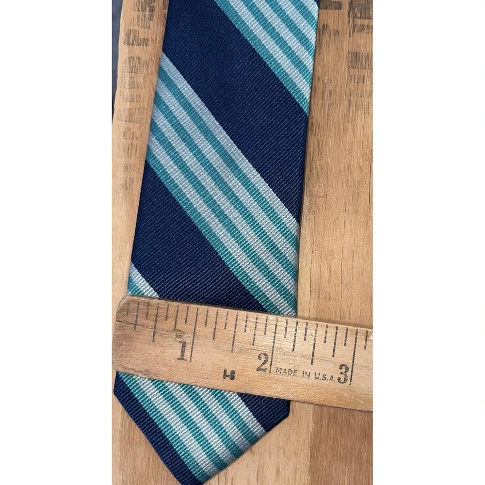 J Crew Crewcuts 100% Silk Necktie Tie Teal Navy Blue Striped Skinny 2 1/2 x 52